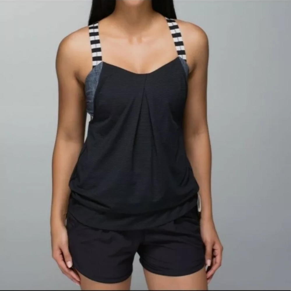 Lululemon Sz 6 Rest Less Tank Top Black Dune Apex Striped Built In Bra Athletic